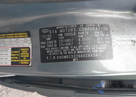 2006 Kia Sedona Ex/Lx z USA, uszkodzony, nr VIN KNDMB233266028434